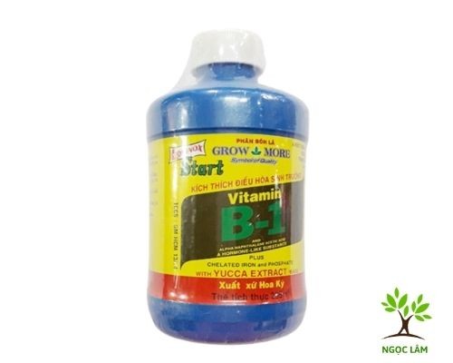 A hand holding a bottle of liquid Vitamin B1 solution near a potted plant, demonstrating the use of B1 for accelerating plant growth and bloom
