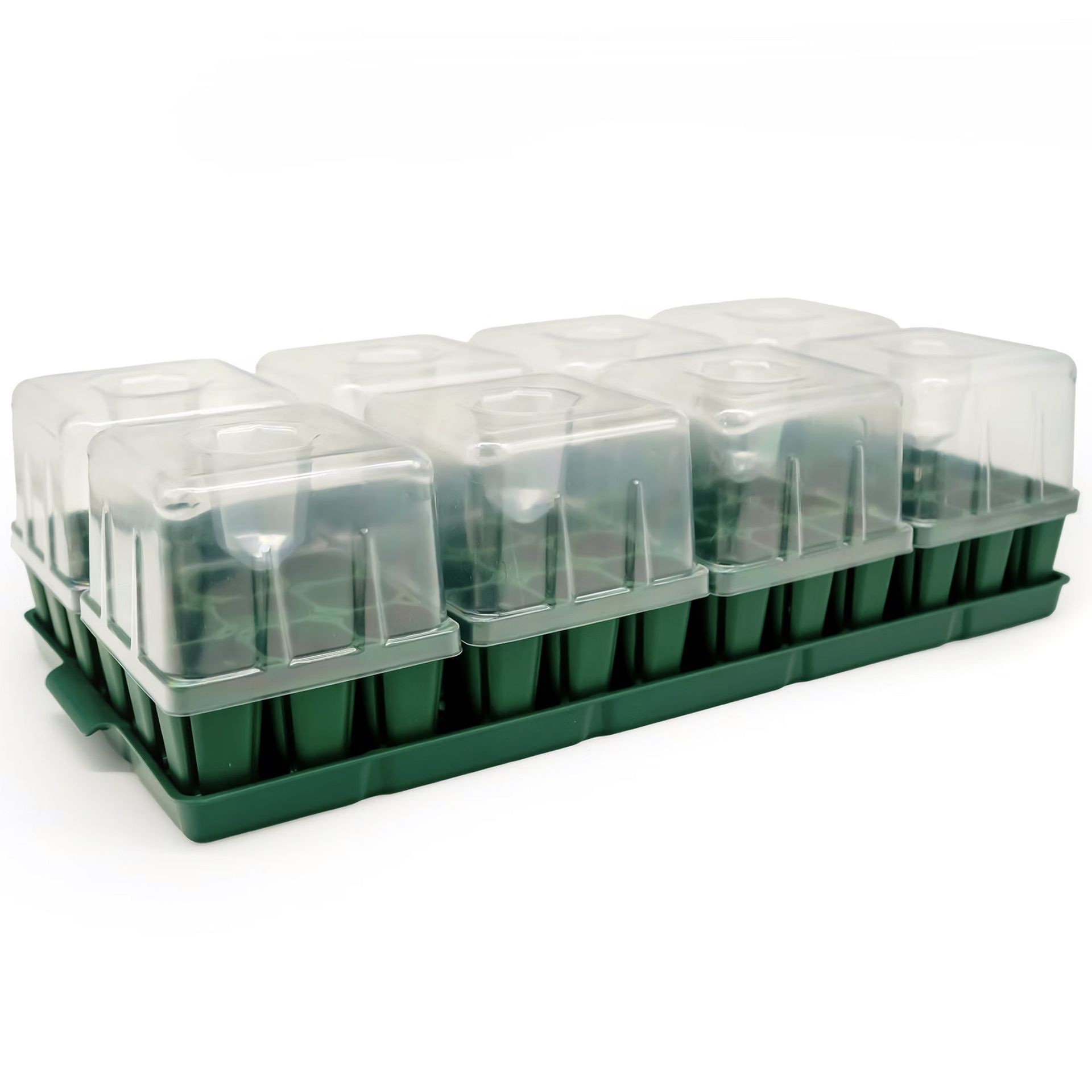 A modular seed starting kit with clear humidity dome for propagating seeds.