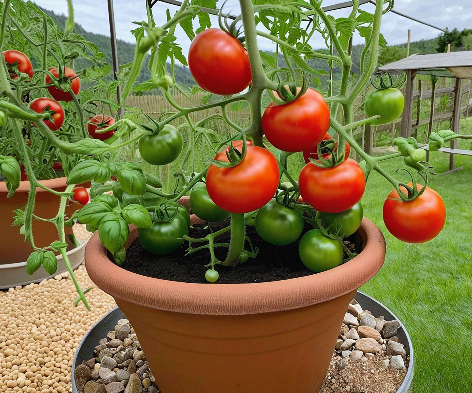 A vibrant tomato plant in a pot laden with ripe red fruit, showcasing successful container harvesting.