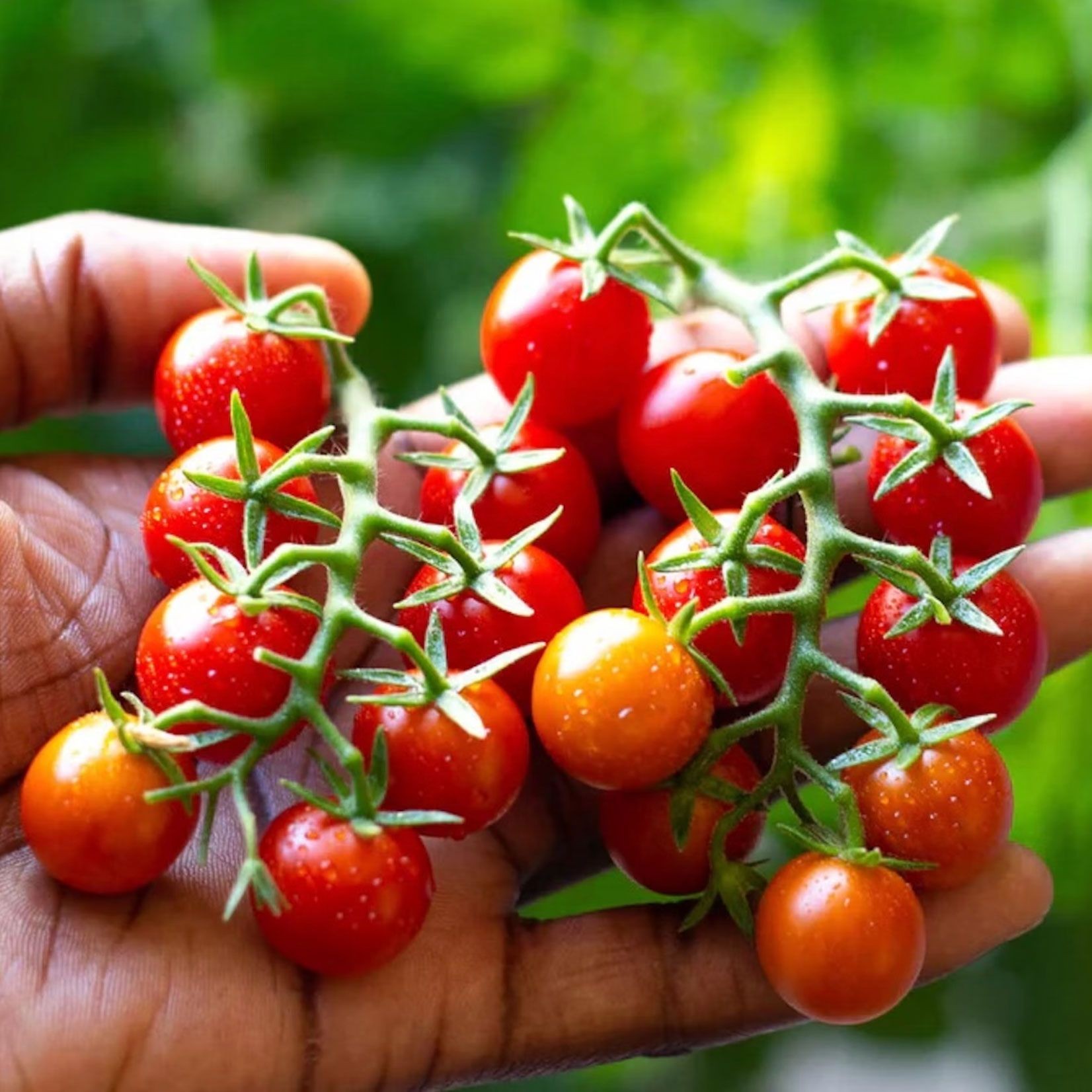 Basket of vibrant red ripe tomatoes harvested from a home garden setup