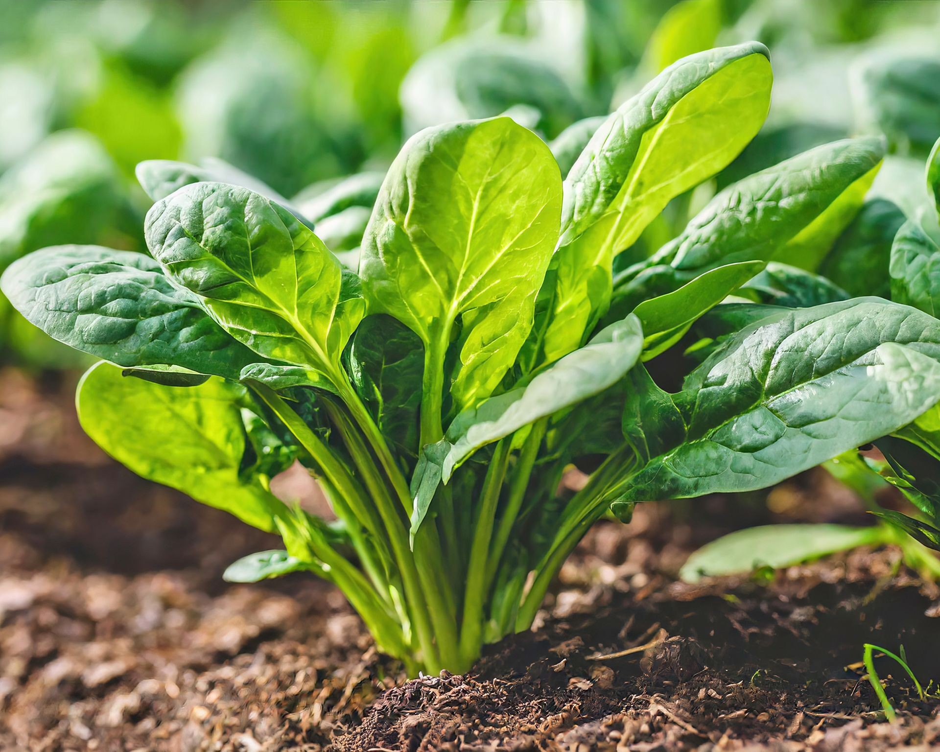 Healthy spinach plants with dark green leaves filling a garden section